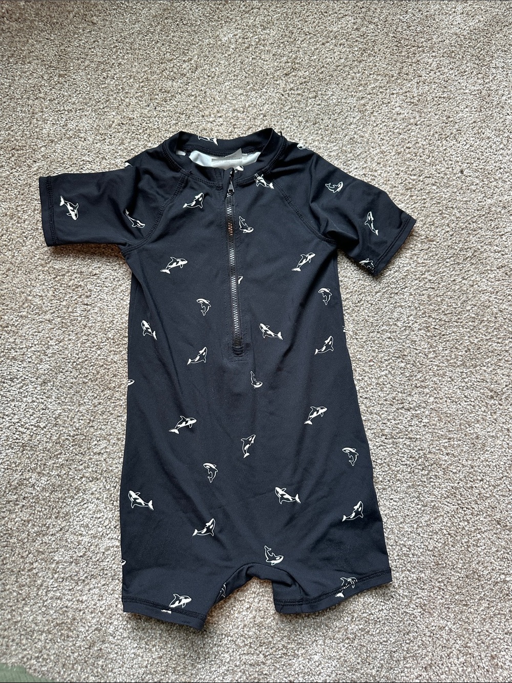 Miles the Label Black Short-Sleeve Infant Rash Guard Romper with Orca Print